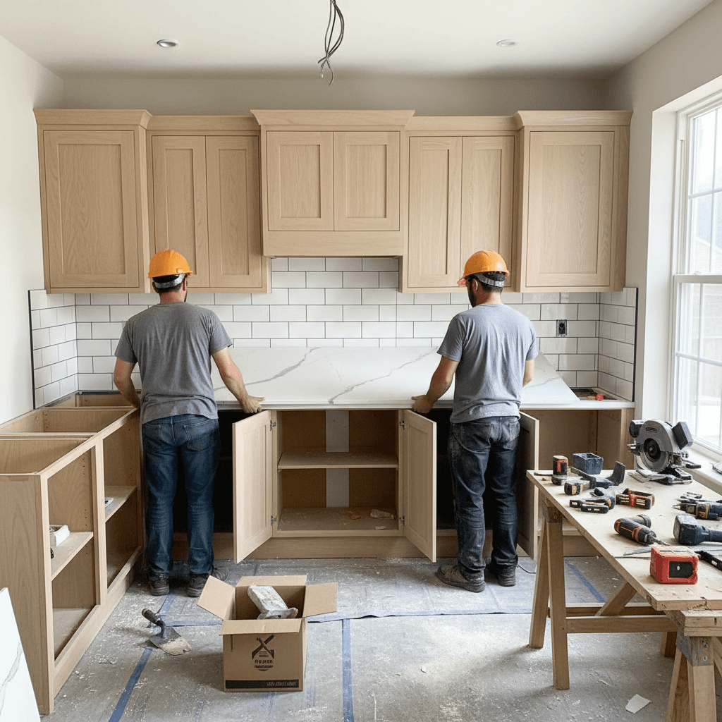 Kitchen renovation in progress with new cabinets and countertop installation
