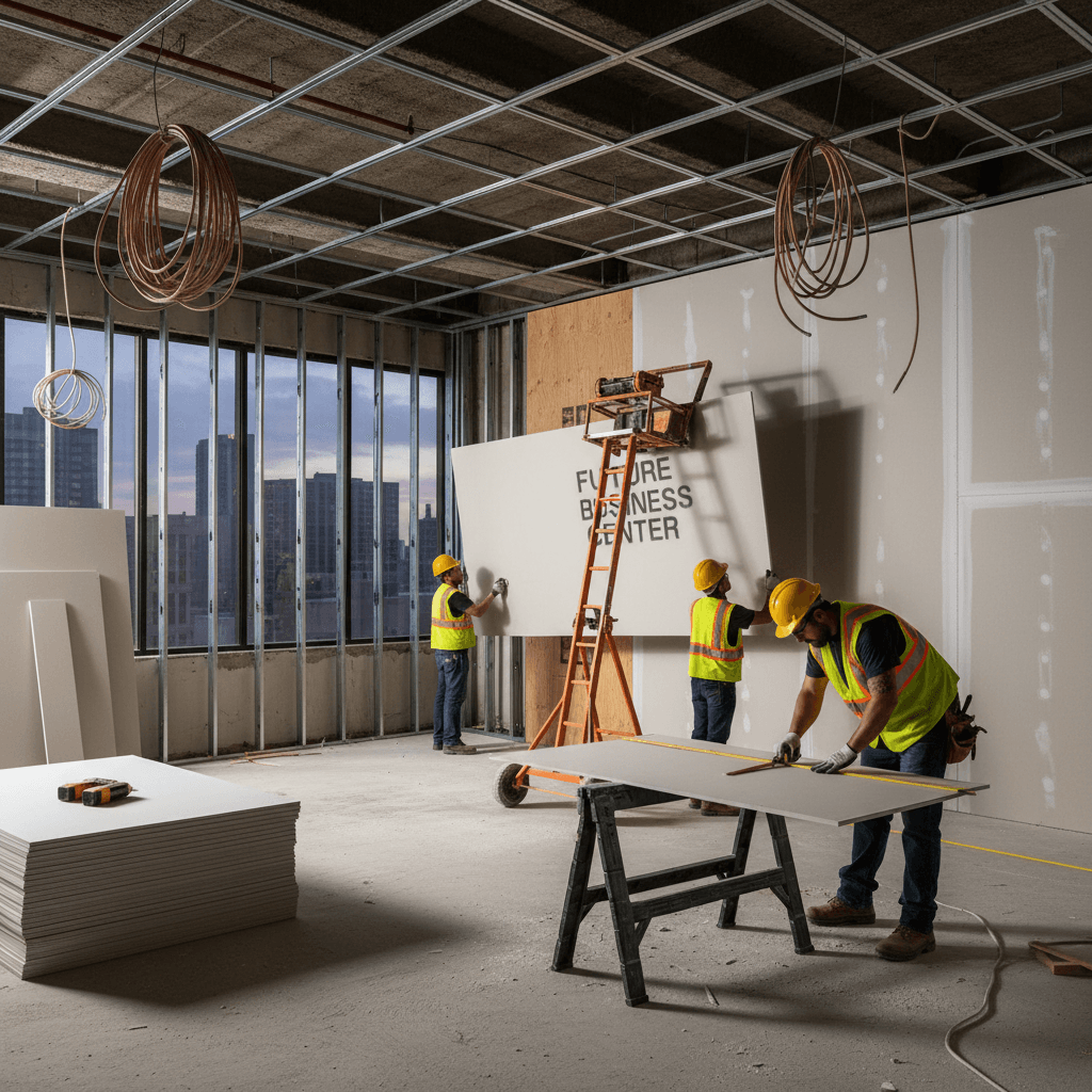 Construction workers remodeling commercial space with drywall