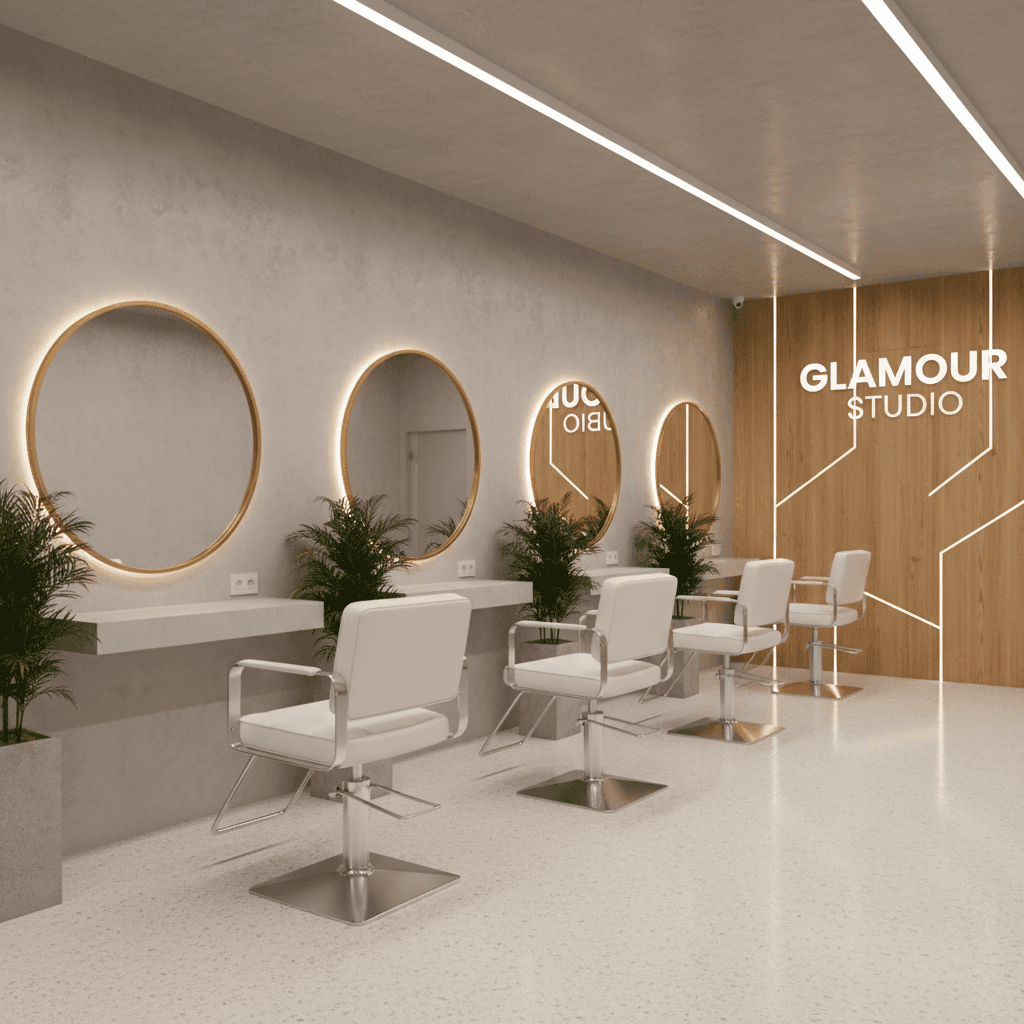 Beauty salon interior with styling chairs and mirrors