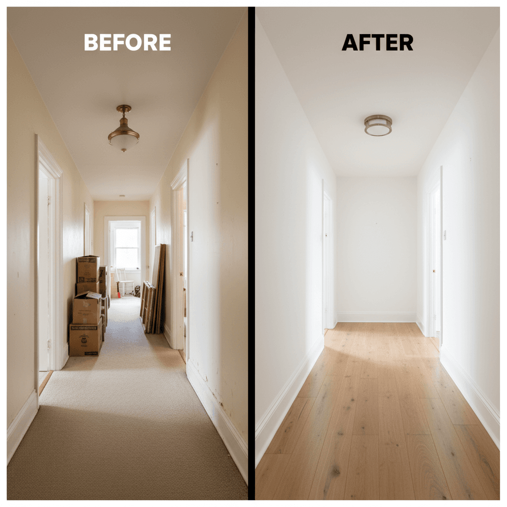 Hallway after renovation with new flooring and fresh paint