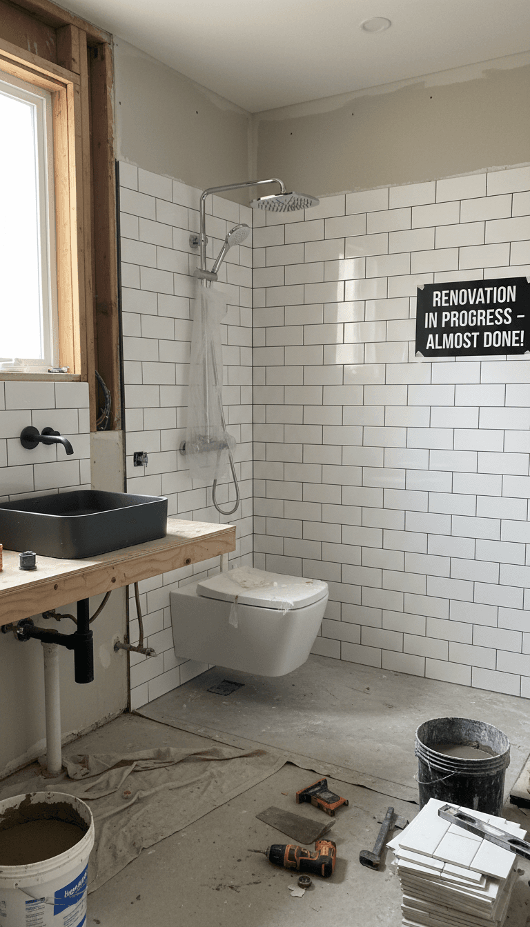Bathroom under renovation with professional tools and materials