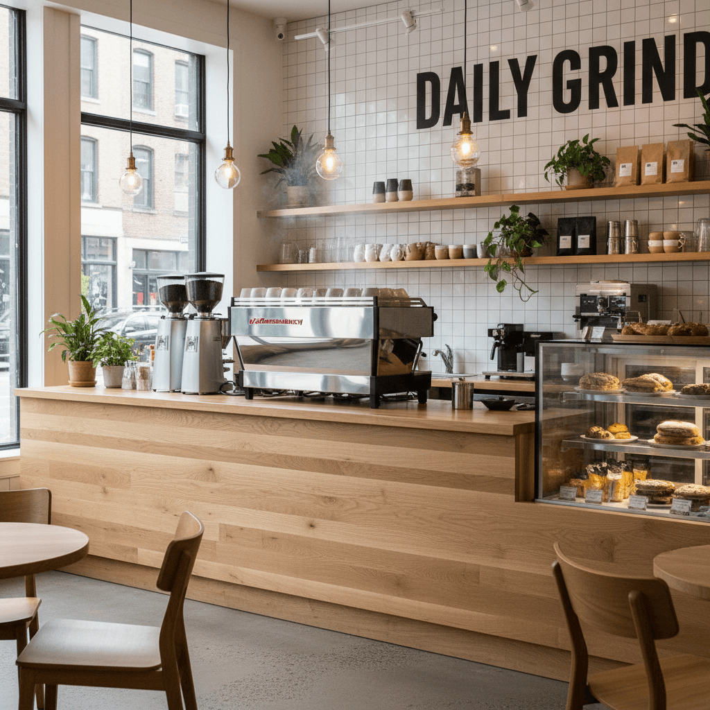 Modern cafe interior with wooden counter