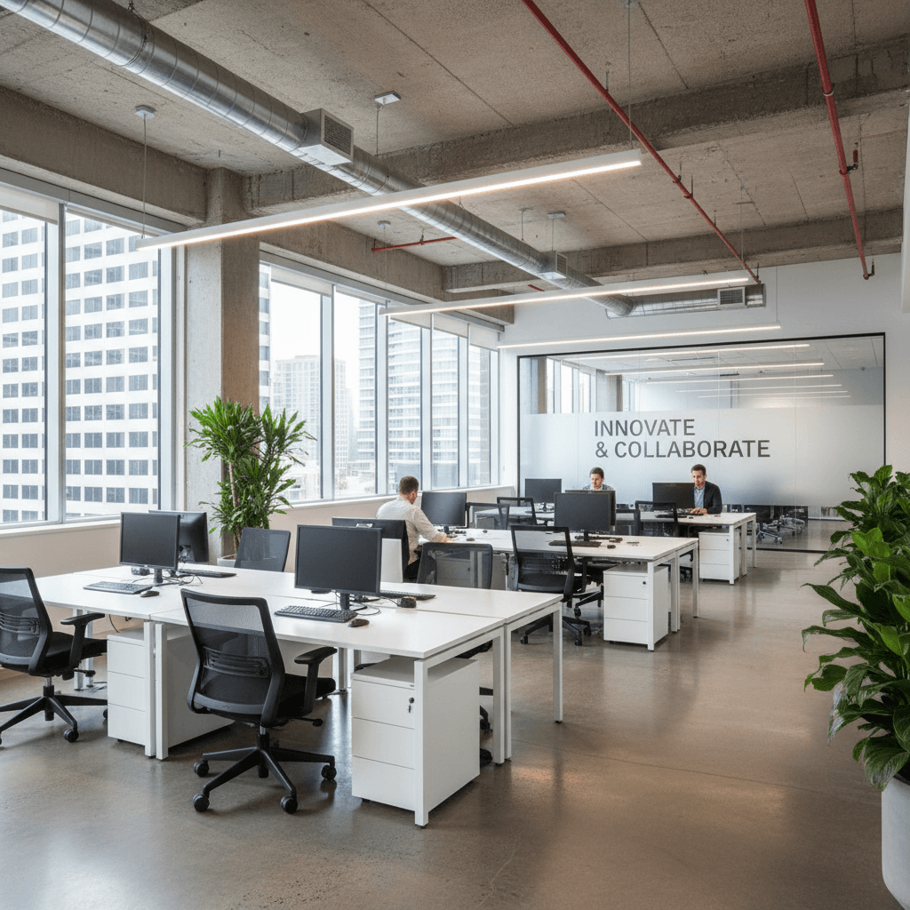 Modern open-plan office interior with desks and chairs