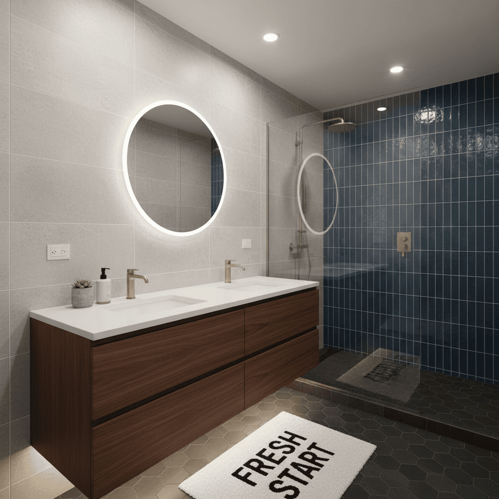 Completed bathroom renovation with modern fixtures and tiled shower