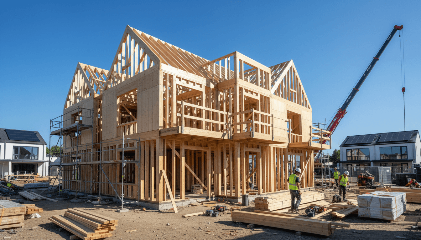 Modern residential construction project with wooden framing under blue sky