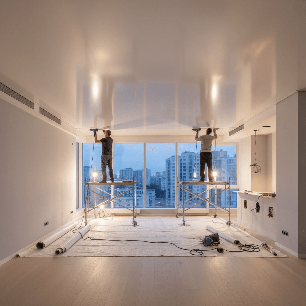 Crew installing stretch ceiling in an apartment during renovation