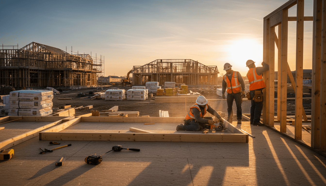 construction crew working together on a residential build site natural daylight