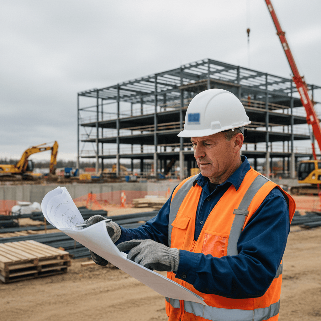 Construction crew reviewing blueprints on site