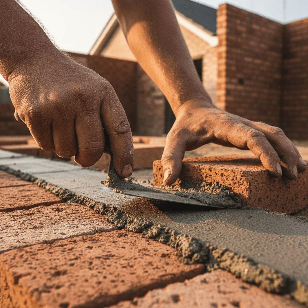 Our crew laying brick with precision on a new wall