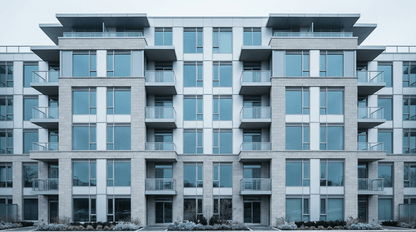 Completed residential facade with clean architectural lines