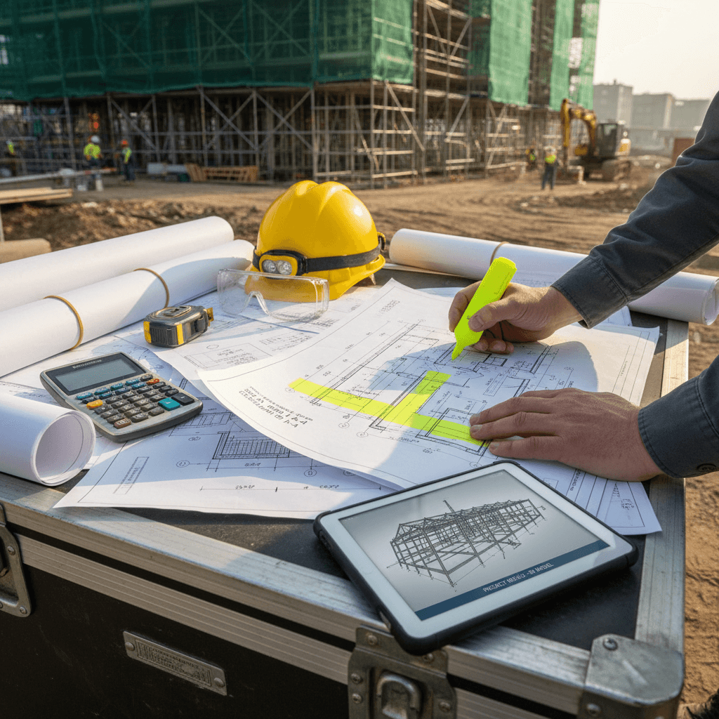 architect reviewing blueprints on construction site with hard hat